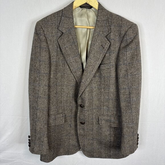 Samuelsohn Men 40 Herringbone Tweed Wool Blazer Brown Blue Windowpane Vintage - Picture 1 of 10